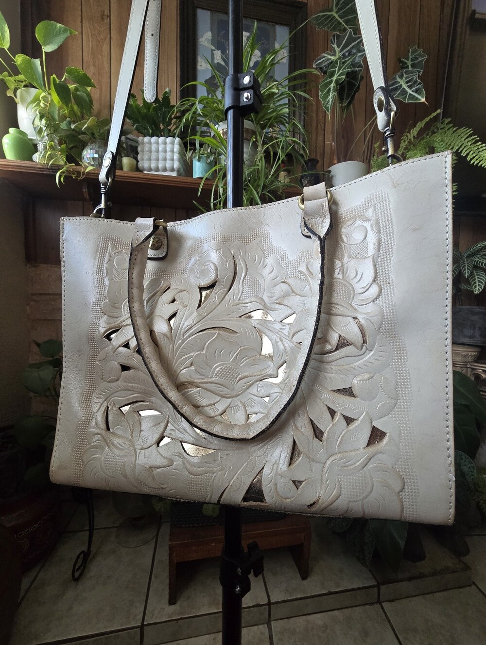 Patricia Nash Cream Floral Cutout Leather Tote
